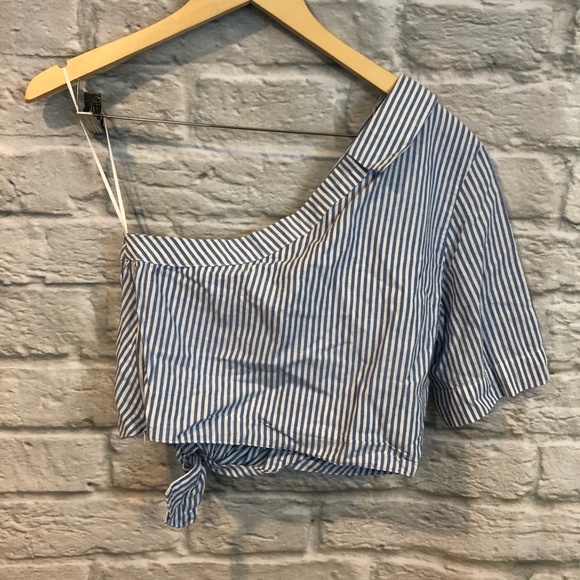 ZARA TRF Blue/White One Shoulder Crop Top - Picture 5 of 8